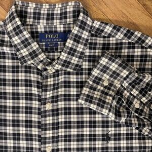 Polo Ralph Lauren Mens XXL Slim Fit Gingham Check Button Down Shirt Black White‎